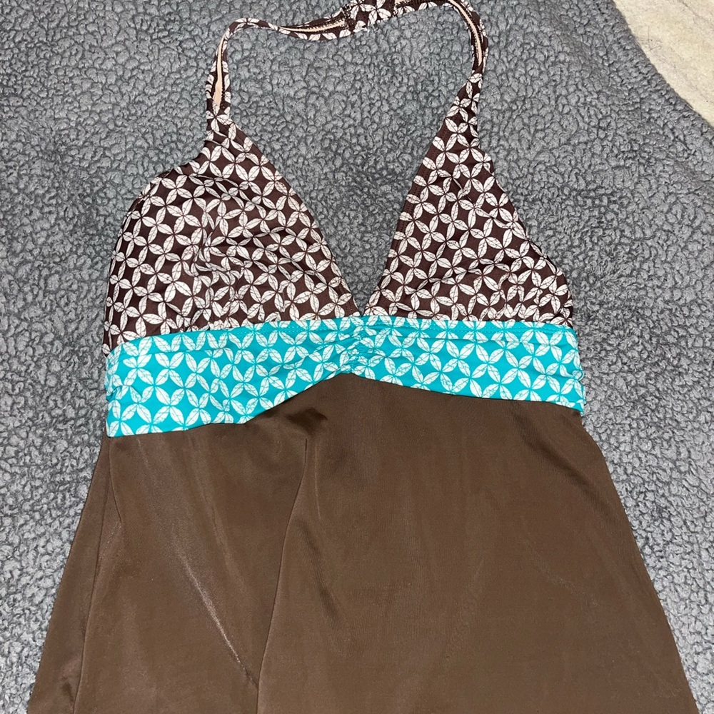 Blue and Brown Swim Chemise with Polka Dots - Picture 2 of 6